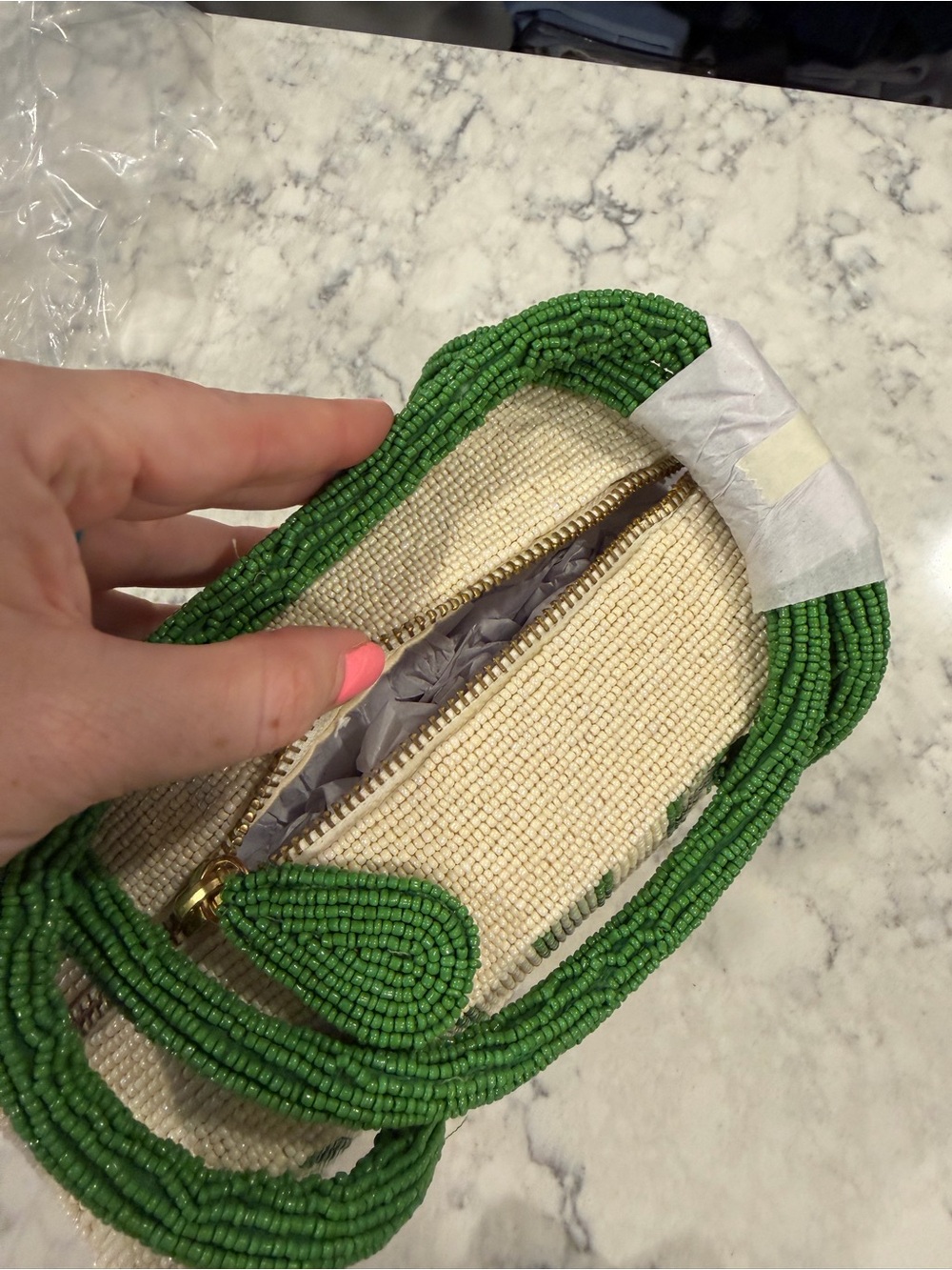 Anthropologie Striped Beaded Shoulder/Hand Bag in Green and Cream - Picture 4 of 8